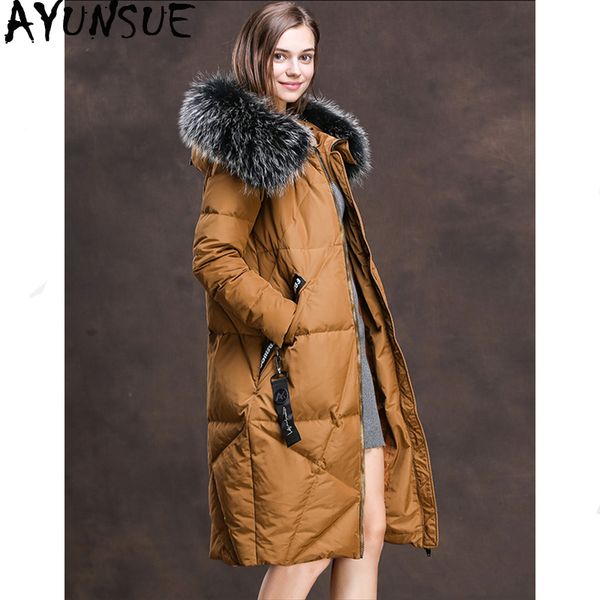 

ayunsue women's down jacket winter jacket women real raccoon fur collar parka long jackets for women down coat chaqueta mujer my, Black