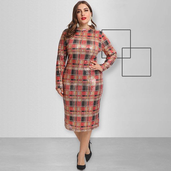 

sequins plaid womens designer dress fashion long sleeve casual bodycon dress plus size spring party dress, Black;gray