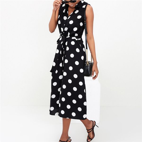

long dress women summer polka dot beach chiffon dresses boho style casual party turn down collar office shirt dress vestido, Black;gray