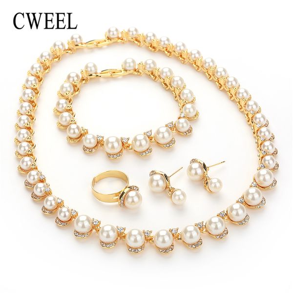 

cweel jewelry set for women african beads jewelry set wedding imitation pearl choker necklace earrings bridal dubai ethiopian, Silver
