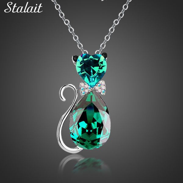 

women's beautiful cat necklace, heart crystal jewelry, austrian glass chain necklace (austria, Silver