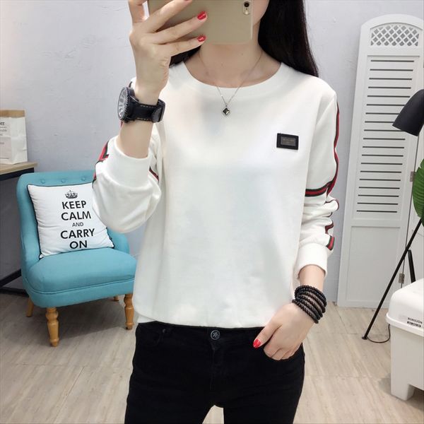 

long t-shirt embroidery sleeve embroidery t-shirt women's autumn 2020 loose versatile round collar loose style, White