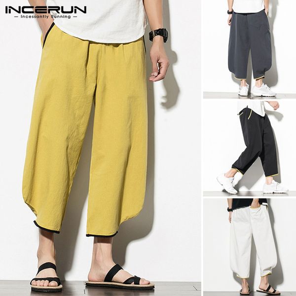 

incerun 2020 men harem pants cotton patchwork casual joggers streetwear ankle length pants vintage wide leg trousers men s-5xl, Black