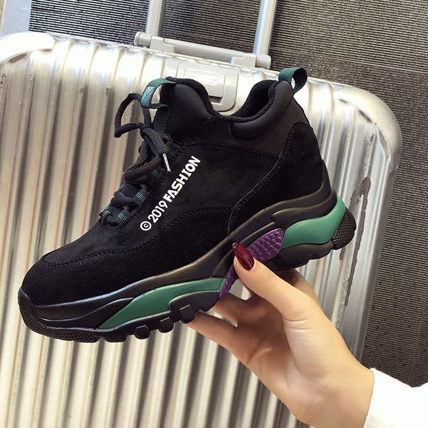 

2019 new pantshoes heels 5cm leather women's high platform sneakers spring warm shoes increased height 2cm chunky dad sneakers, Black