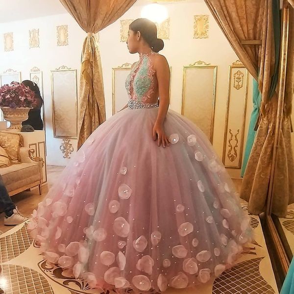 

lace beaded crystals quinceanera prom dresses high neck ball gown vintage evening party sweet 16 dress, Blue;red