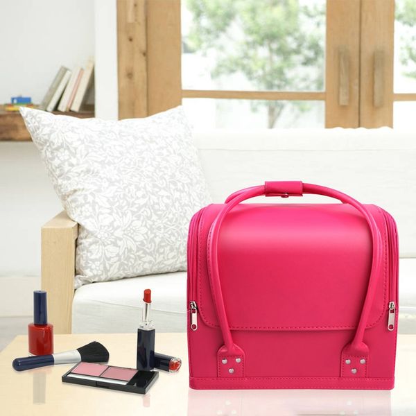 

pink makeup train case 3 layer makeup organizer bag with shoulder strap adjustable dividers for cosmetics brushes toiletr
