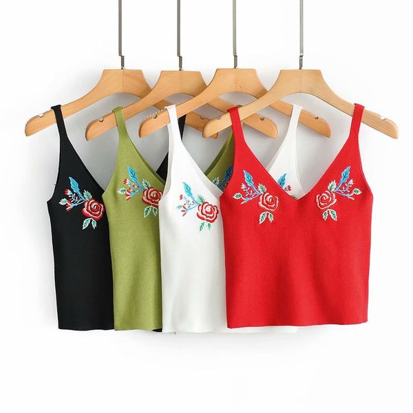

мода женская танки camis sexy v шеи топы вышивка вязаная тис летние топы backless 2019 красный черный белый, White