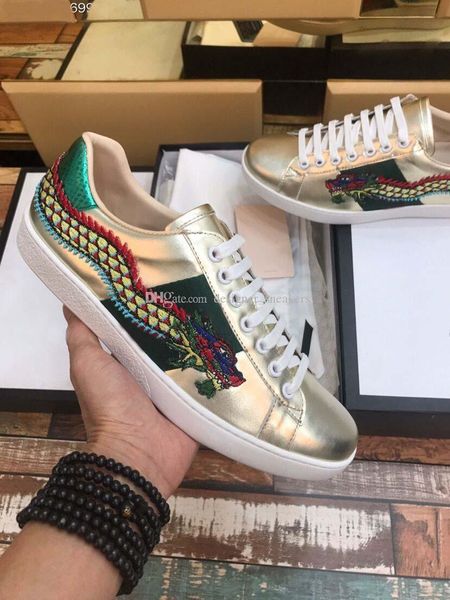 

designer low gold white black leather dragon embroidery casual shoes fashion luxury sneakers for mens womens