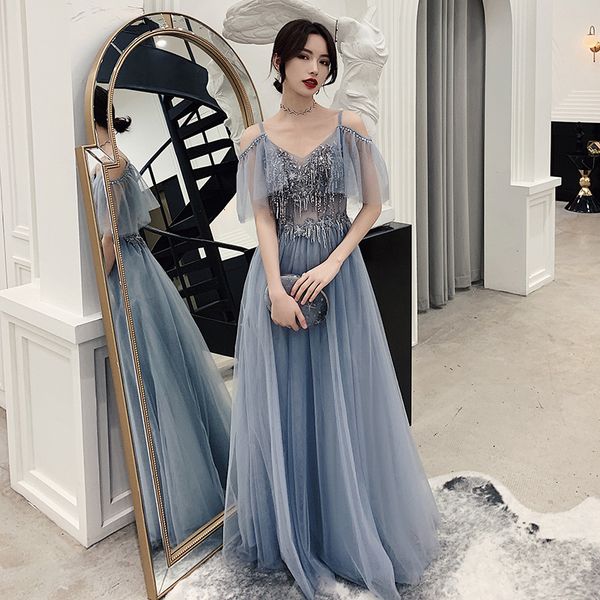 

elegant grey prom dresses long tulle flare sleeves ruffle a line evening gown off the shoulder v neck formal dress vestido de, White;black