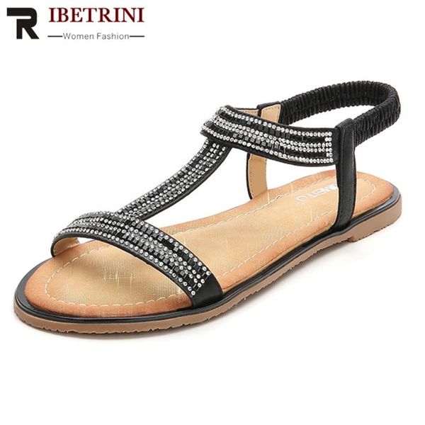 

ribetrini ins fashion female sandals round toe back strap rhinestone t strap handmade sandals women 2020 summer shoes woman, Black