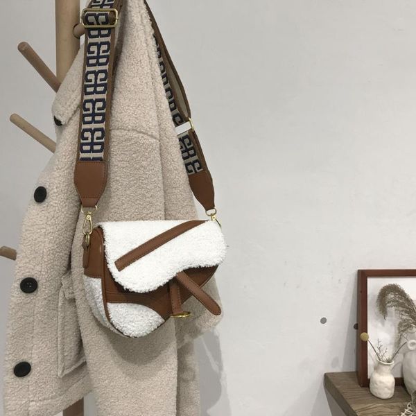 

laamei lamb hair saddle bag vintage style women meaasger bags wide shoulder strap crossbody bag for women bolso mujer