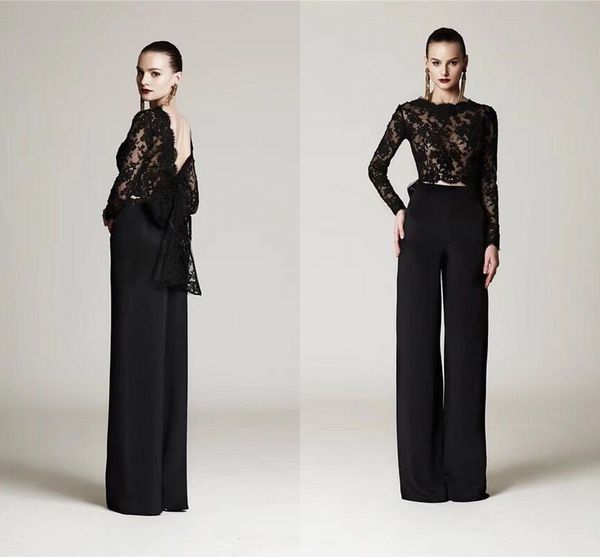 

two pieces black lace formal pant suits with big bow long sleeves arabic evening gowns custom made plus size prom dresses dh4209, Black;red
