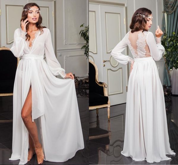 

2020 dreaming juliet long sleeve boho wedding dresses lace deep v-neck see though back high slit bohemian wedding dress robes de mariÃ©e, White