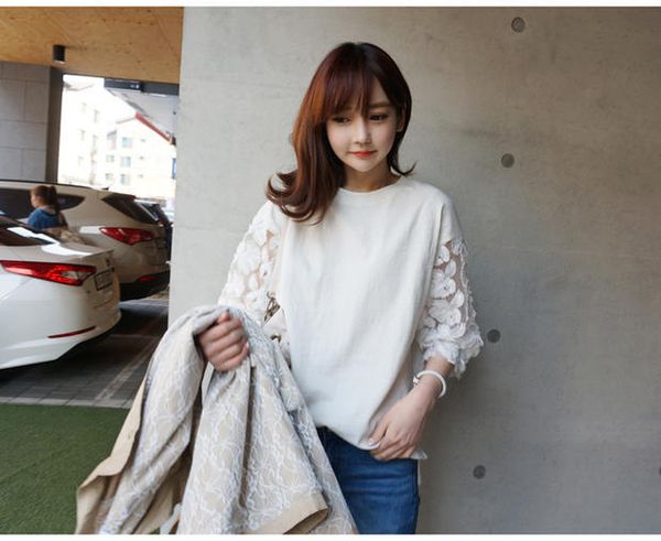 

2020 women ladies summer t shirt cotton lace patchwork seven-quarter sleeve tee shirt casual shirt t-shirt, White