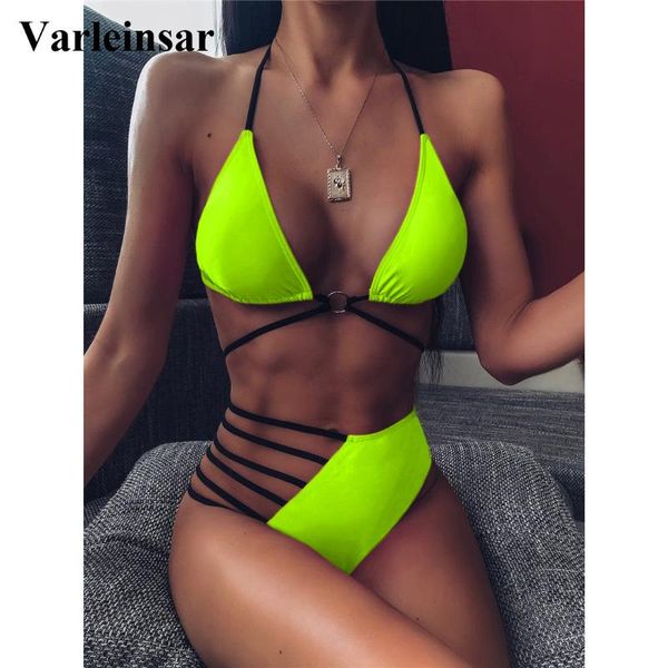 

2020 neon yellow pink asymmetrical bikini high waist swimsuit women swimwear bikini set halter bather bathing suit v1810