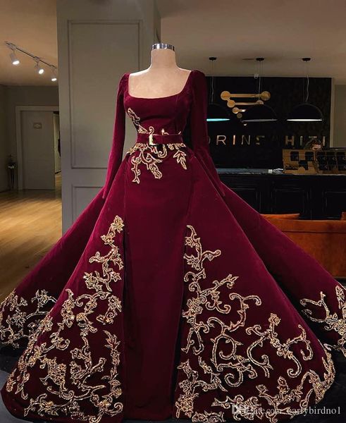 

vintage maroon lace appliqued evening dresses with detachable train long sleeve square neck arabic prom dresses formal party pageant gown, Black;red