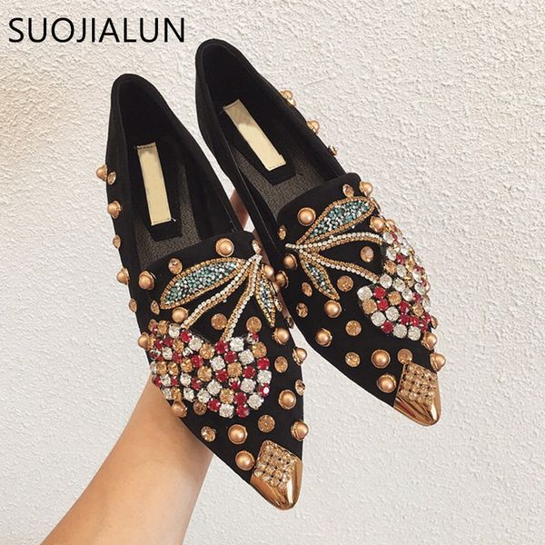 

suojialun fashion brand women flat shoes bling rhinestone spring female metal pointed toe casaul shoes slip on ballet loafers sh, Black