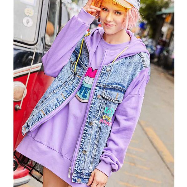 

female spring autumn new hooded violet coat women fashion denim patchwork print jacket casual plus size loose overcoat z1061, Black;brown