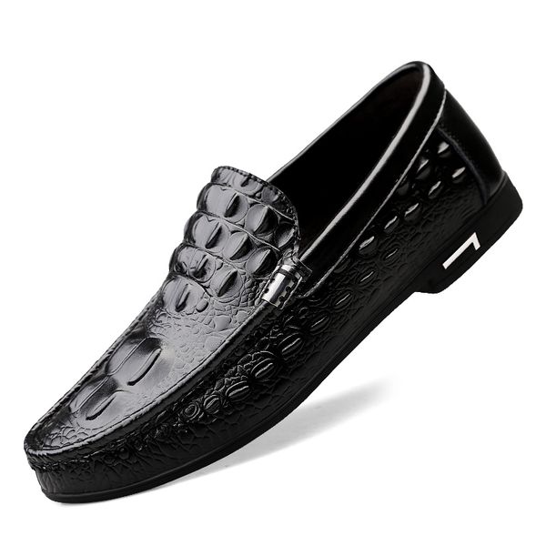 

shoes men loafers leather moccasin crocodile style footwear slip on flat driving boat shoes classical male chaussure homme 38-57, Black