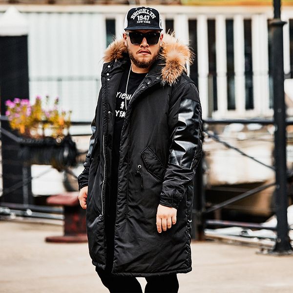 

2018 men's loose hooded coat jacket fashion long hooded cotton suit detachable fur collar black warm jacket more size xl-6xl, Tan;black