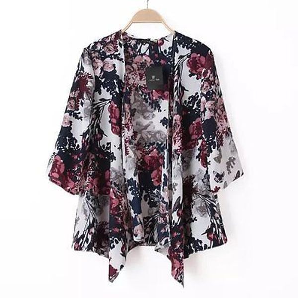 

women's blouses & shirts women floral loose kimono boho chiffon cardigan coat jacket blouse 6-14, White