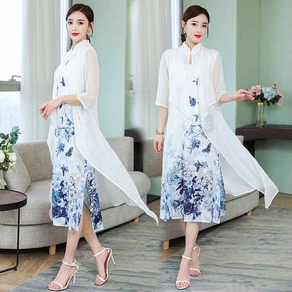 

2020 new arrived fashion women's chinese style vintage dresses embroidery slim waist clothes lady dress suit 2 piece set, White;black