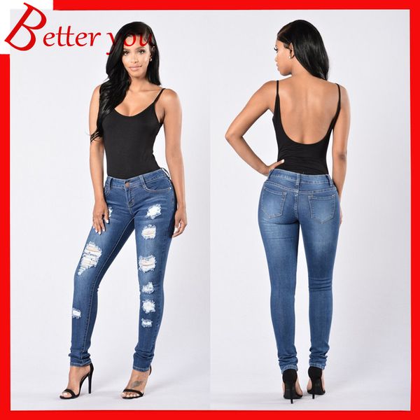 

2019 new women's hole jeans trousers pants, Blue