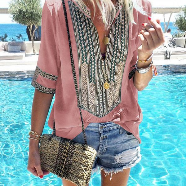 

women plus size ethnic style bohemian blouse shirt elegant v neck beach blusas summer casual printed boho blouses, White