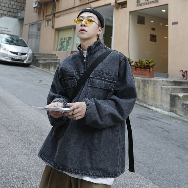 

2019 spring new japanese college wind men's casual long-sleeved trend hip-hop couples big head pocket denim clothes party, Black;brown