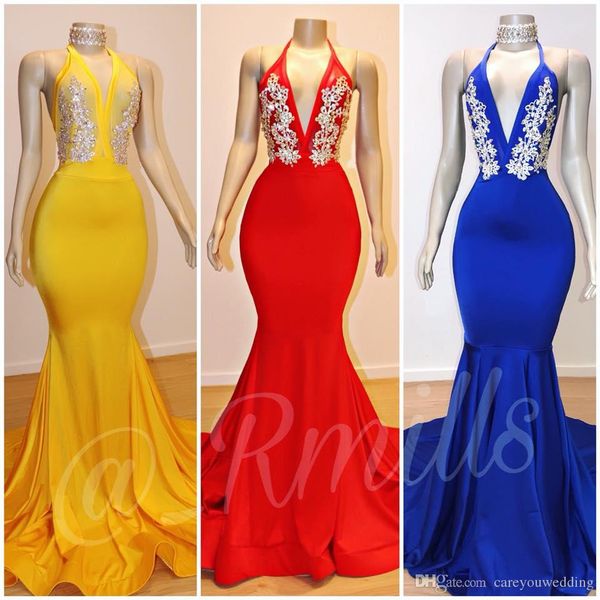 

new arrival 2019 mermaid prom dresses royal blue red silver appliques halter v neck sleeveless long women occasion gowns custom made, Black