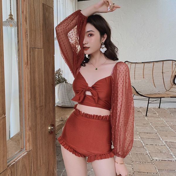 

female split ins wind cover belly slim swimsuit young girl conservative high waist flat angle gauze polka dot long sleeve swimsuit, White;black