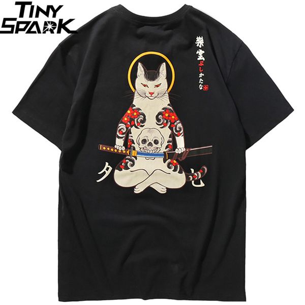 

men harajuku t shirt japanese ninja cat skull tshirt hip hop streetwear ukiyoe embroidery t-shirts 2019 summer cotton tees, White;black