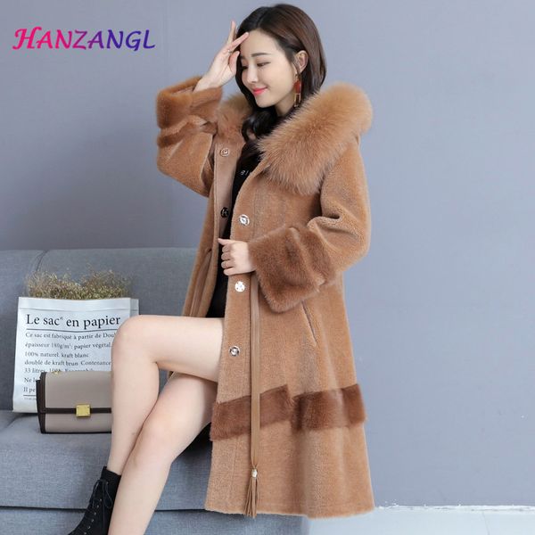 

hanzangl fashion woman cashmere fur coat flocking winter long coat jacket plus size faux fur women wool outerwear m~4xl, Black