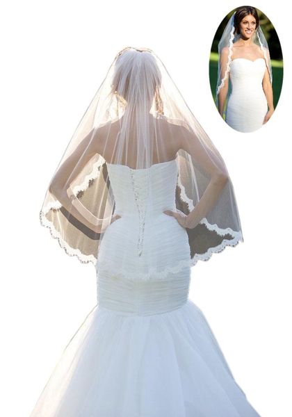 

2019 Romantic Country Fingertop Length Wedding Veils For Bride Cheap White Ivory Lace Edge with Comb Bridal Veil Country Beach Wedding dress
