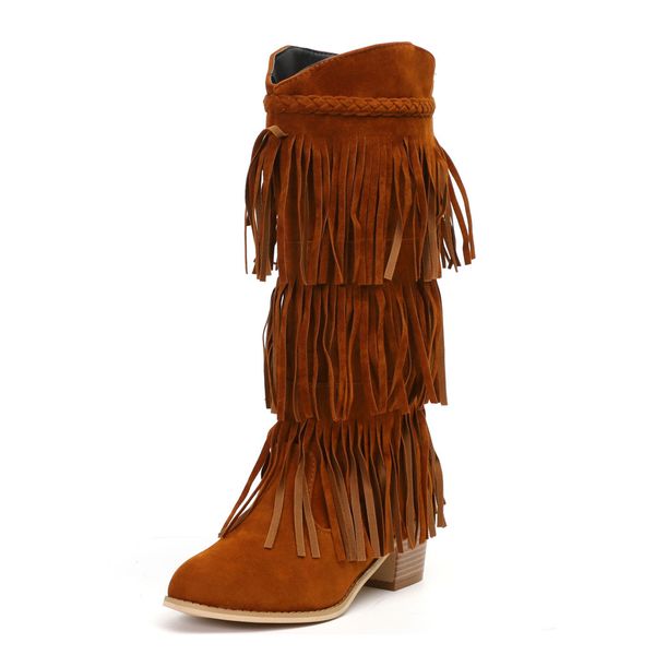 

bohemian high heeled boots pointed toe ethnic women tassel fringe flock faux suede leather mid calf boots women 2019 winter, Black