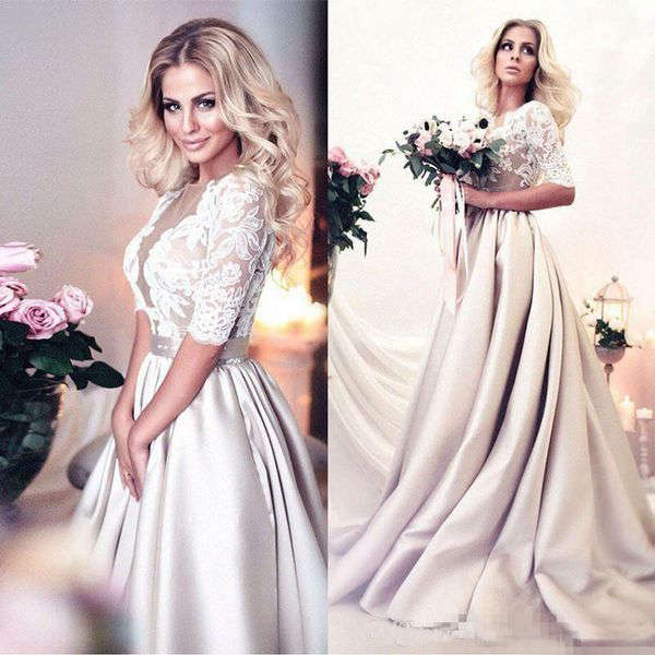 

Modest Champagne Lace Satin A Line Wedding Dresses Arabic Half Sleeves Sheer Jewel Neck Long Bridal Gowns with Buttons Back
