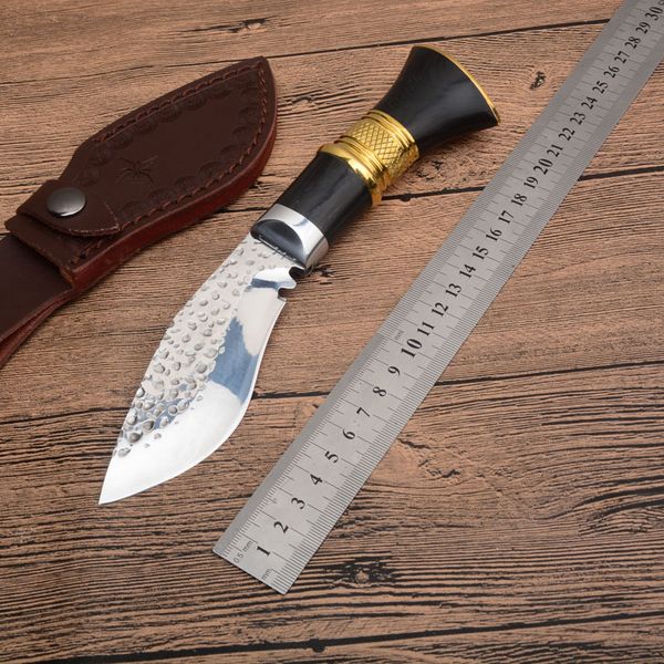 1 Stücke Neues Kleines Handgefertigtes Feststehendes Jagdmesser 7Cr17 Satin Drop Point Klinge Ebenholz + Messinggriff Mit Lederscheide