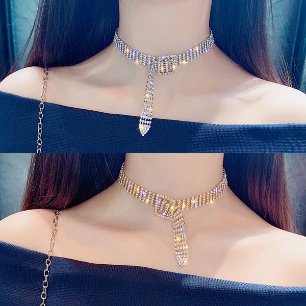 

fashion chain shiny punk rhinestone bling button sparkly trendy gifts necklace luxury necklaces silver color elegant women, Golden;silver