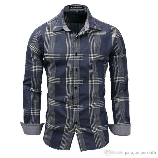 

plus size mens designer shirts casual plaid printed long sleeve laple neck shirts mens commute jean shirt, White;black