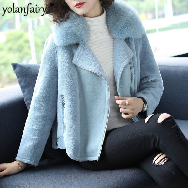 

real fur coat winter coat women real fur collar 100% wool female sheep shearling jacket manteau femme 2020 m667, Black