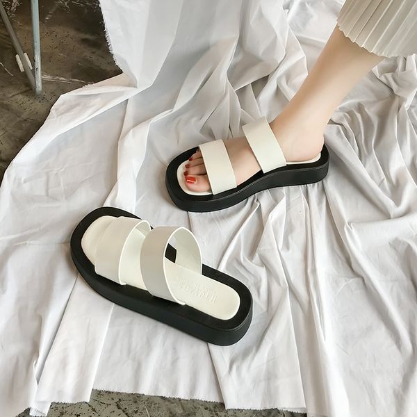 

female shoes slippers casual med slides summer woman platform 2020 flat beach soft rubber basic fabric pu rome, Black