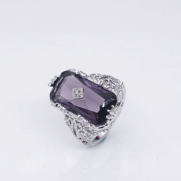 

zhenrong wish selling ring with chamfered rectangular amethyst princess european and american hollow flower ring, Golden;silver