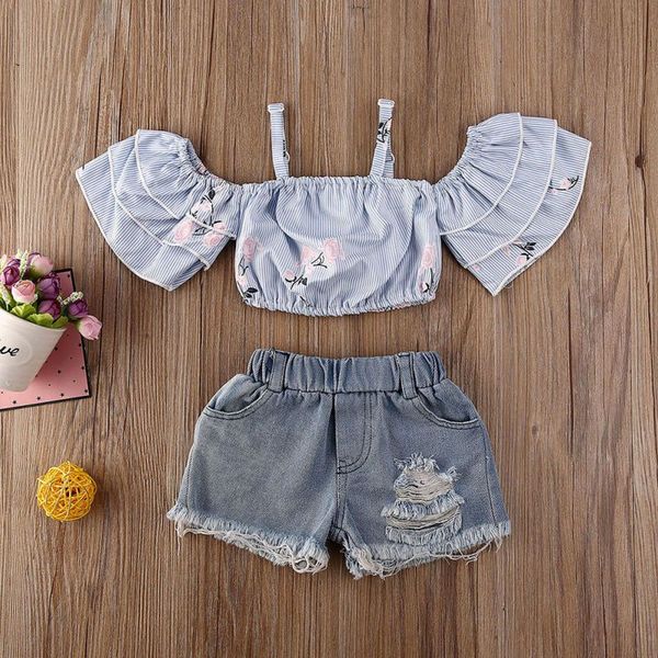 

summer children baby girls set casual floral pattern off shoulder sleeve blouse+shorts suits costume set, White