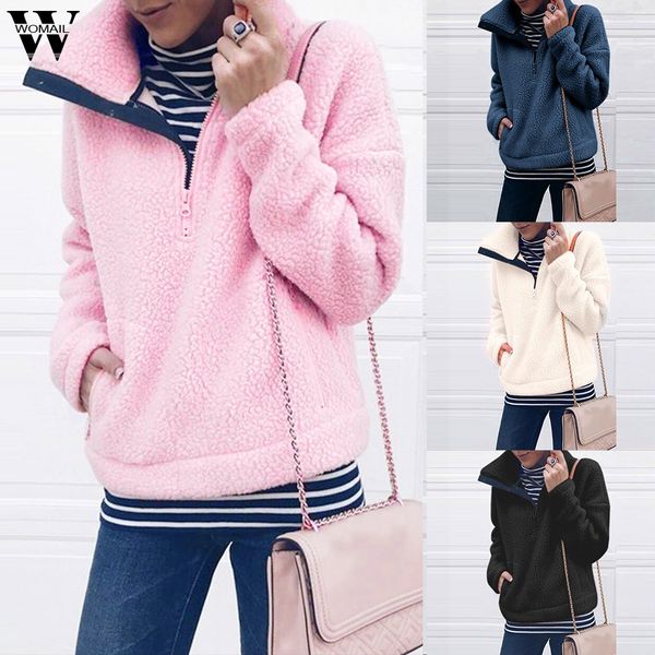 

womail sweatshirts women winter casual solid stand collar zip fur sweatshirt moletom feminino harajuku pullover jacket o8, Black