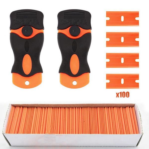 

car sticker razor scraper+100pcs plastic razor blade vinyl carbon film glue remover window tint squeegee glass cleaning