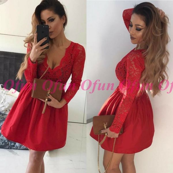

new fashion deep v neck long sleeve red cocktail dresses satin a line short homecoming dresses, Black