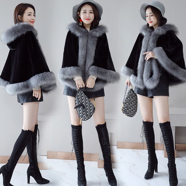 

early spring 2020 new cape woolen coat loose hooded temperament bat shawl woolen coat women winter warm thicke cotton, Black
