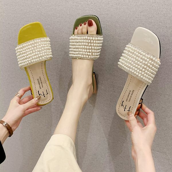 

shoes ladies' slippers slipers women string bead glitter slides square heel fashion low 2020 flat jelly block summer, Black