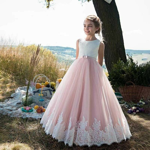 Nach Maß Blumen-Mädchen-Kleider für Hochzeit A-Linie Princess Tutu Sequined Appliqued Spitze-Bogen Vintages Kind Erstkommunion Kleid