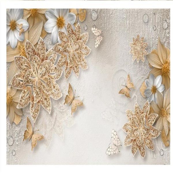 

wallpapers custom any size po 3d stereo golden jewelry flower butterfly tv background wall